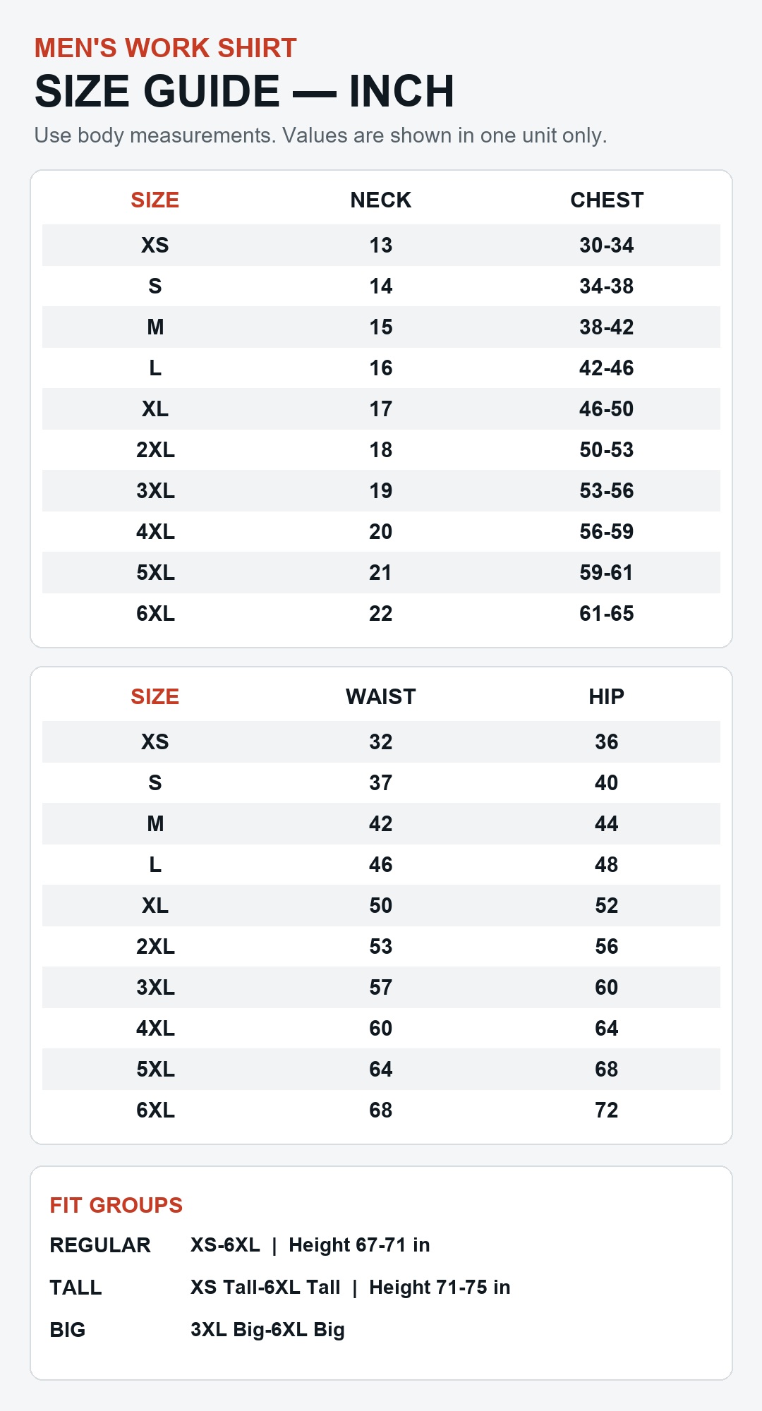 Men's work shirt body measurement size guide in inches