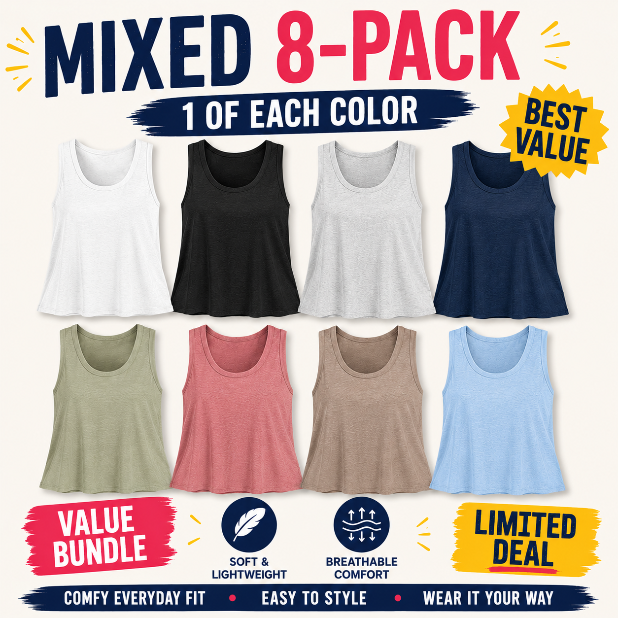 Mixed 8-Pack bundle image for women's soft sleeveless tank tops