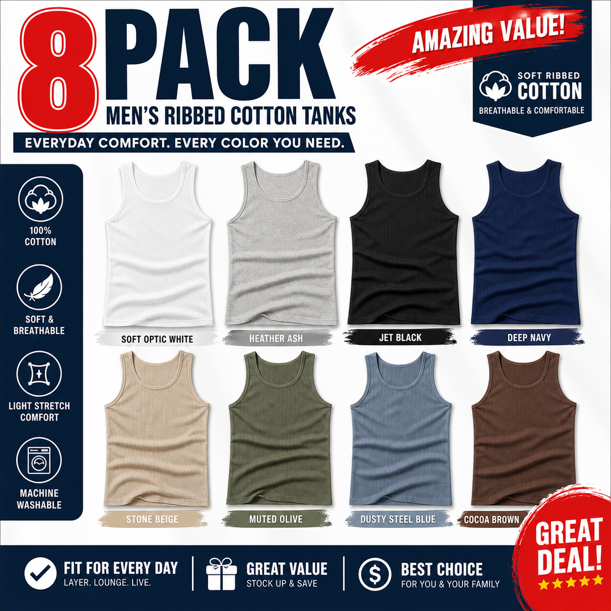 Mixed 8-Pack promo image for men's ribbed cotton tank undershirts