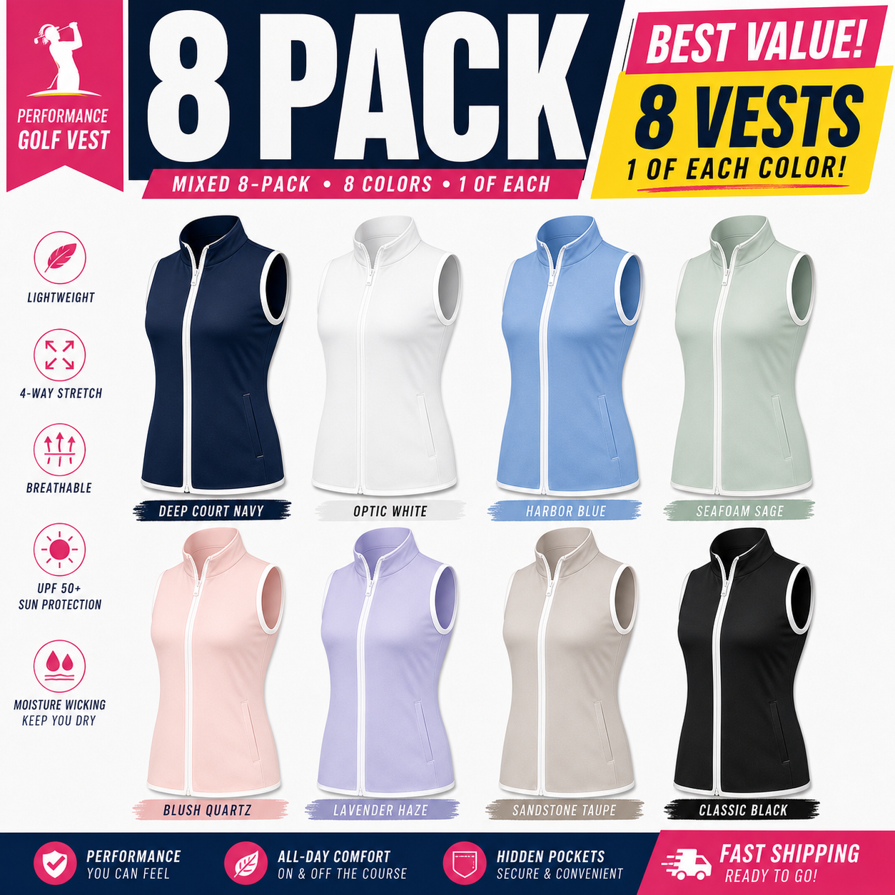 Mixed 8-Pack women's performance golf vest bundle
