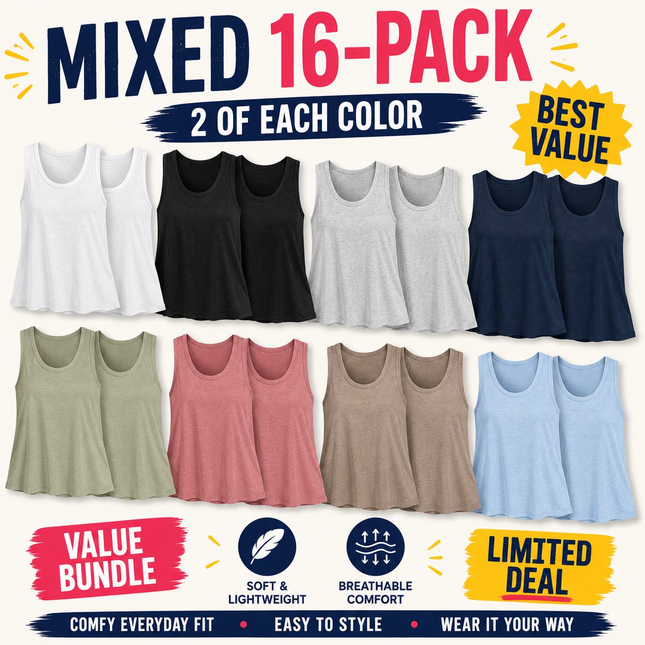 Mixed 16-Pack bundle image for women's soft sleeveless tank tops
