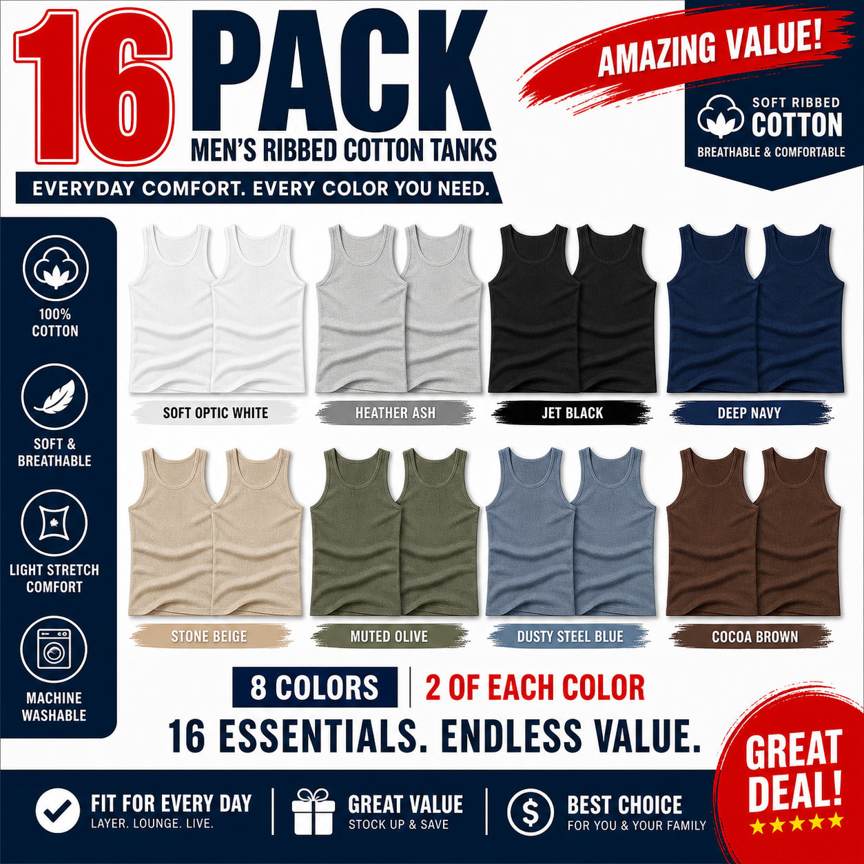Mixed 16-Pack promo image for men's ribbed cotton tank undershirts