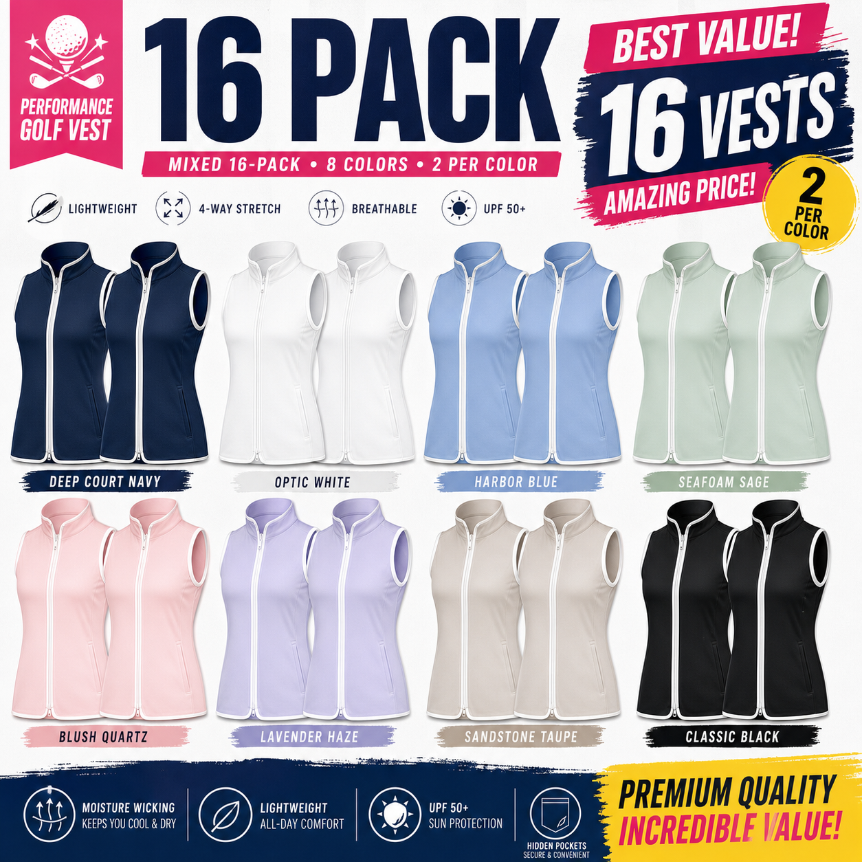 Mixed 16-Pack women's performance golf vest bundle