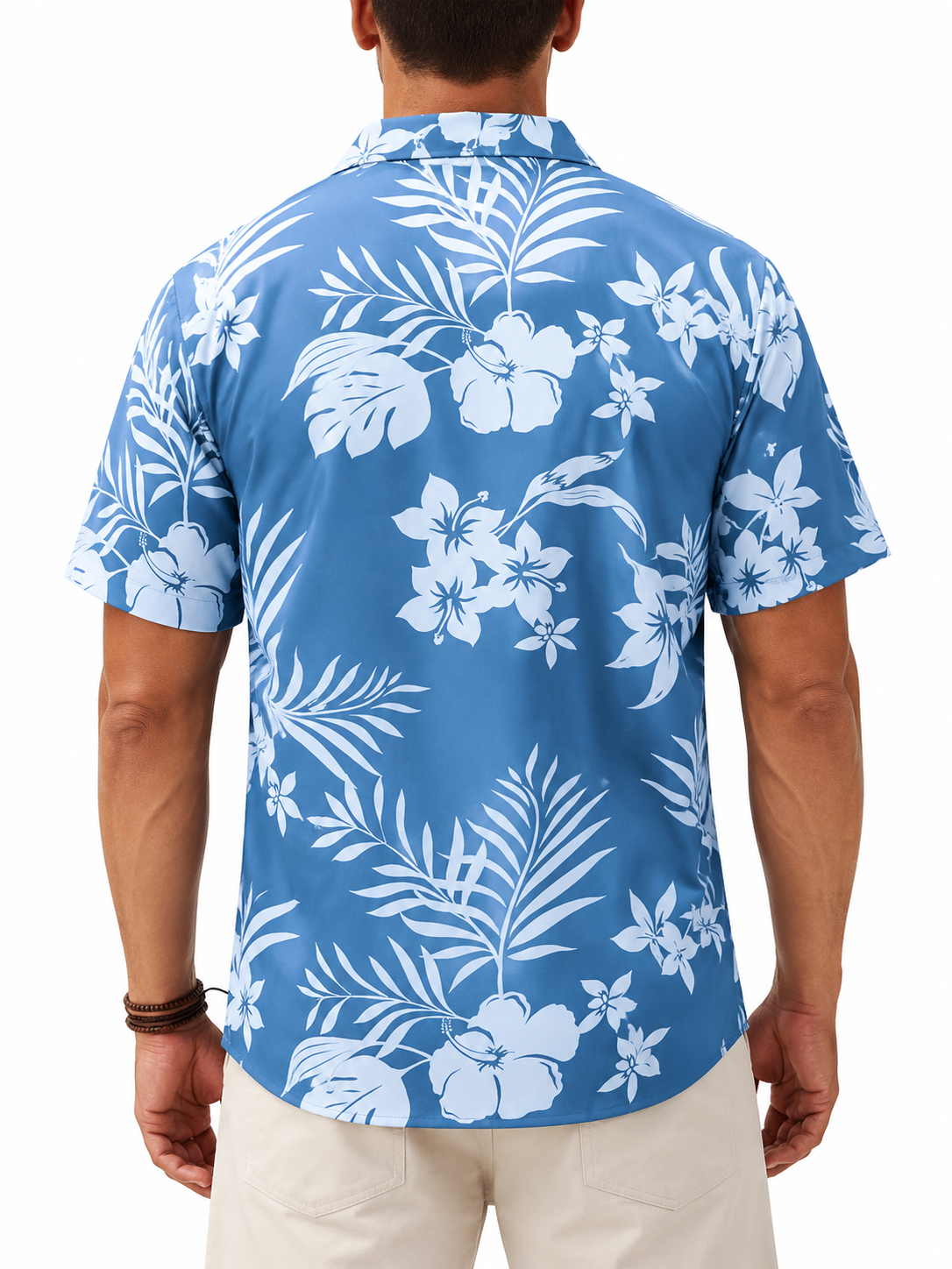 Back view of Ocean Blue Hawaiian Floral button-down shirt