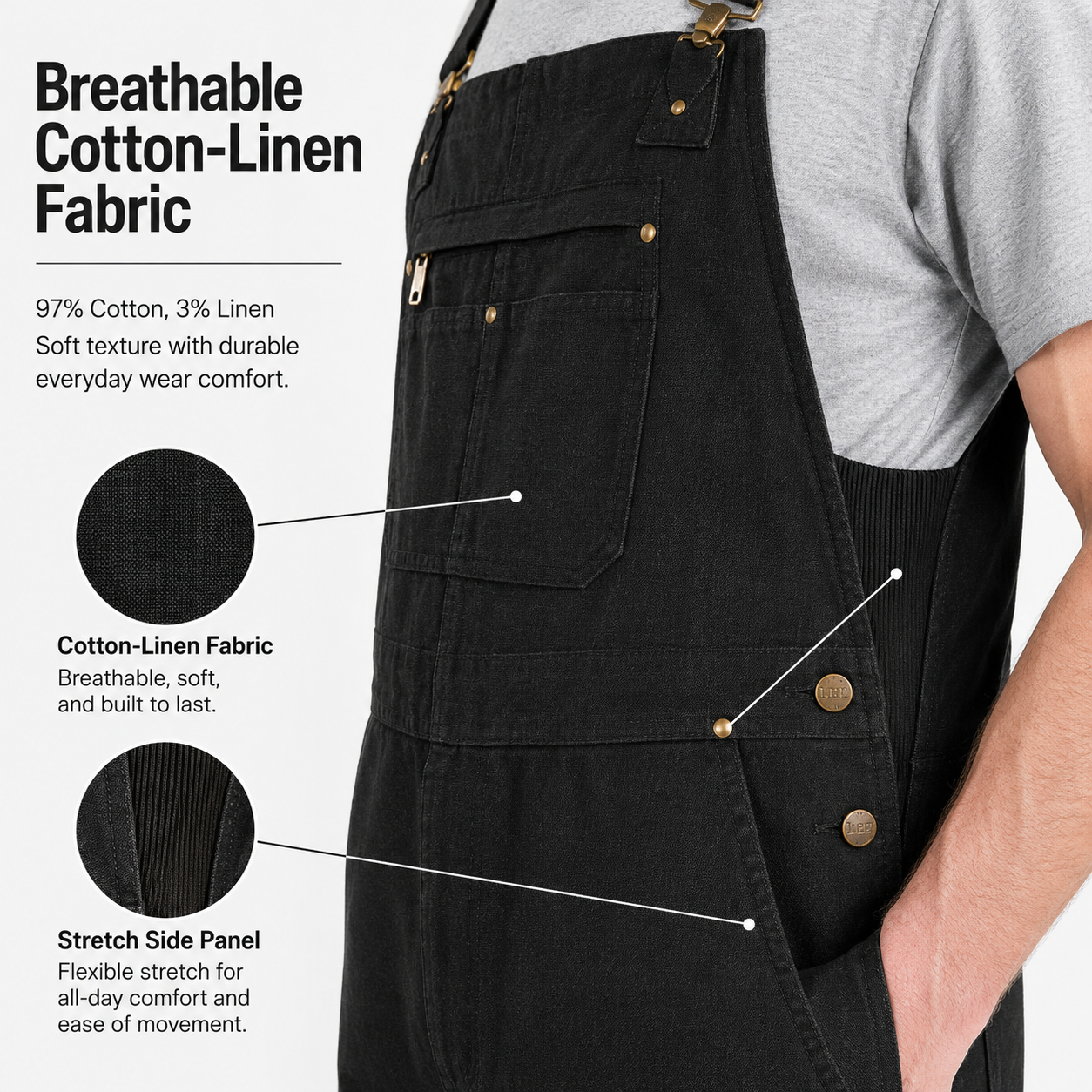 Cotton-linen fabric texture and stretch side panel detail