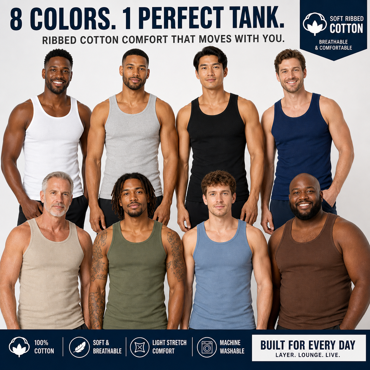Square 8-man group image showing the approved color lineup