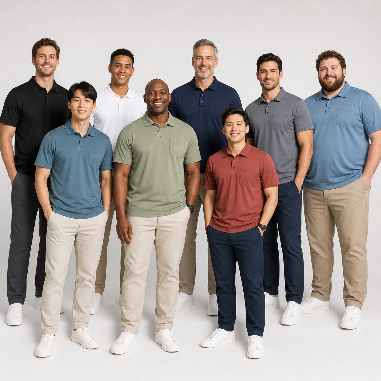 Group photo showing men's performance pocket polo fit across body types