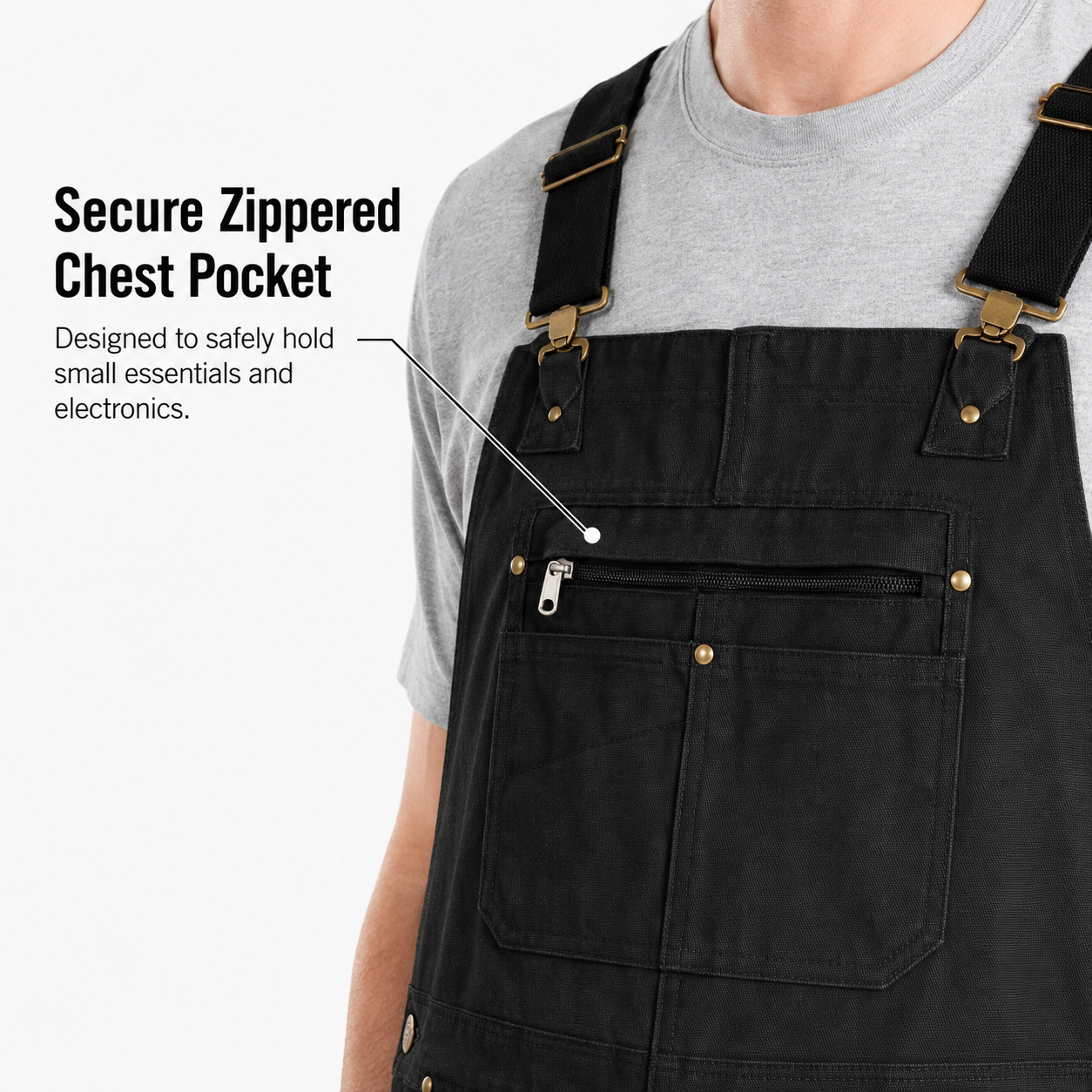 Secure zippered chest pocket and bib pocket detail