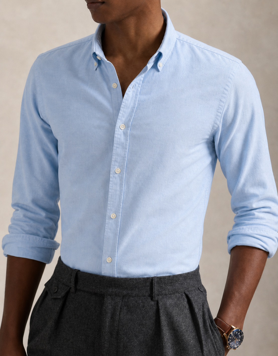 Light Sky Blue front view oxford shirt