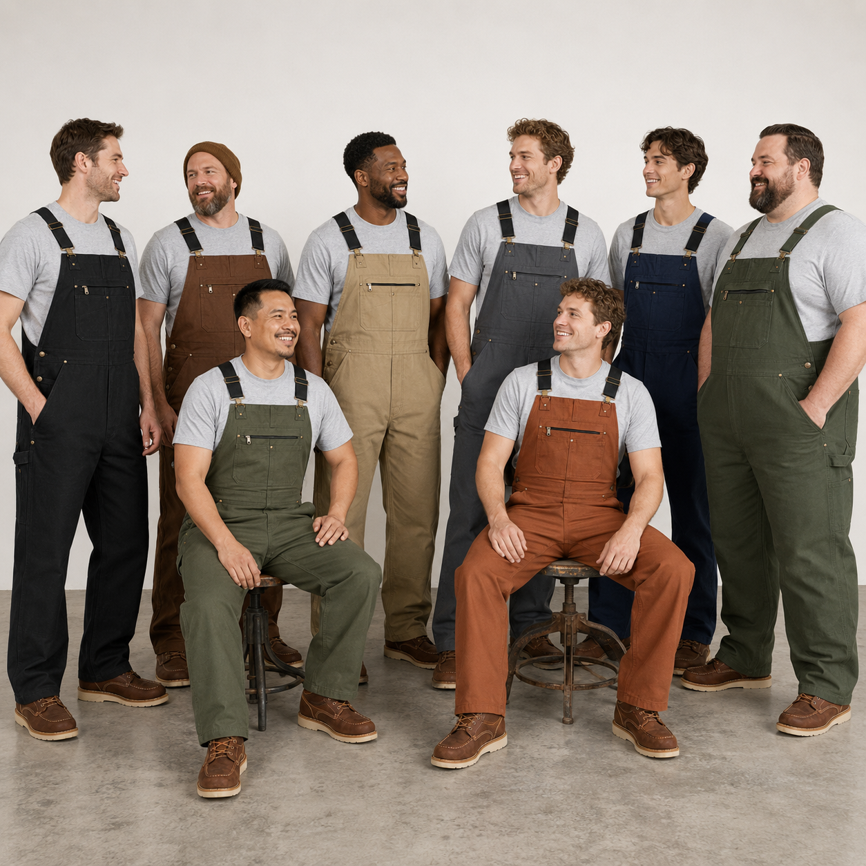 Eight adult men wearing utility bib overalls in the full color assortment