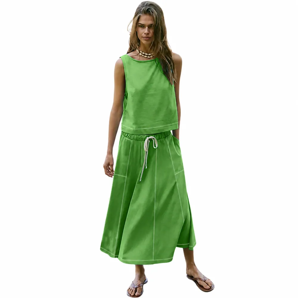 Women's Sleeveless Crop Top Midi Skirt Two Piece Set