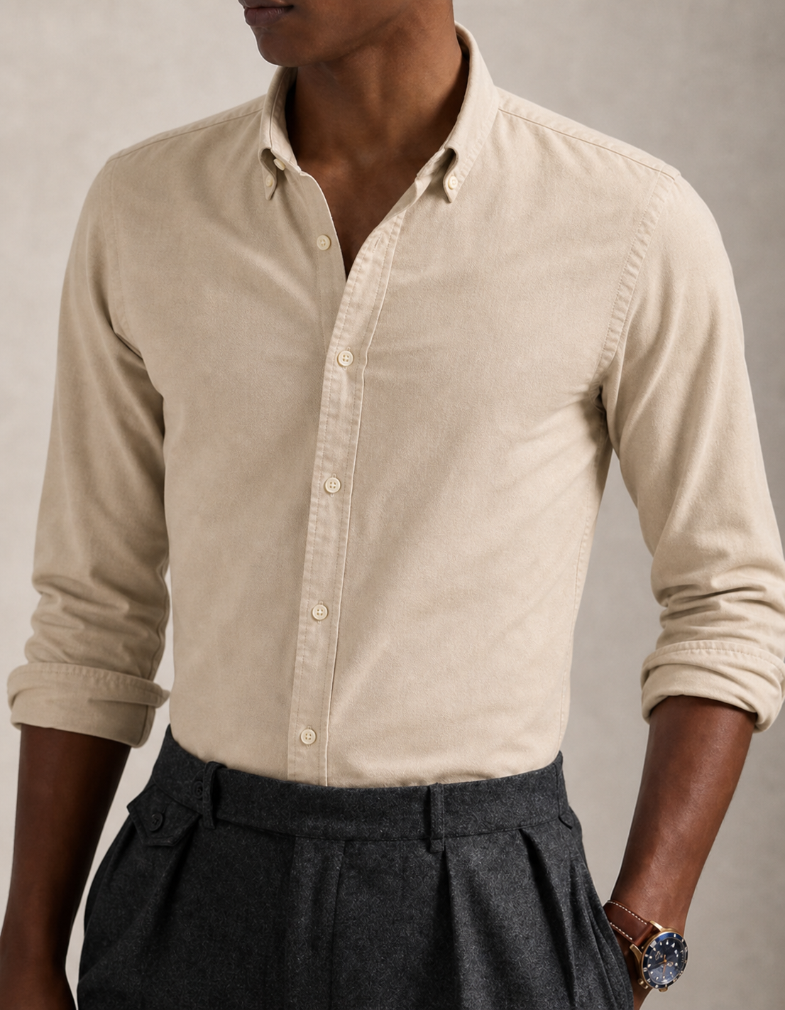 Sandstone Beige front view oxford shirt
