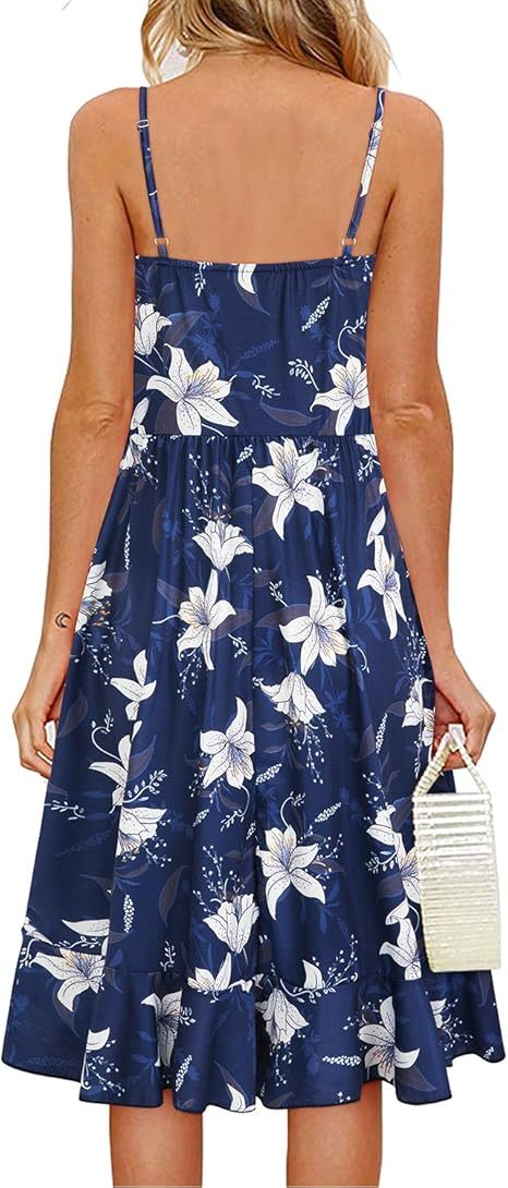 Back view of floral V-neck ruffle-hem summer dress with adjustable straps