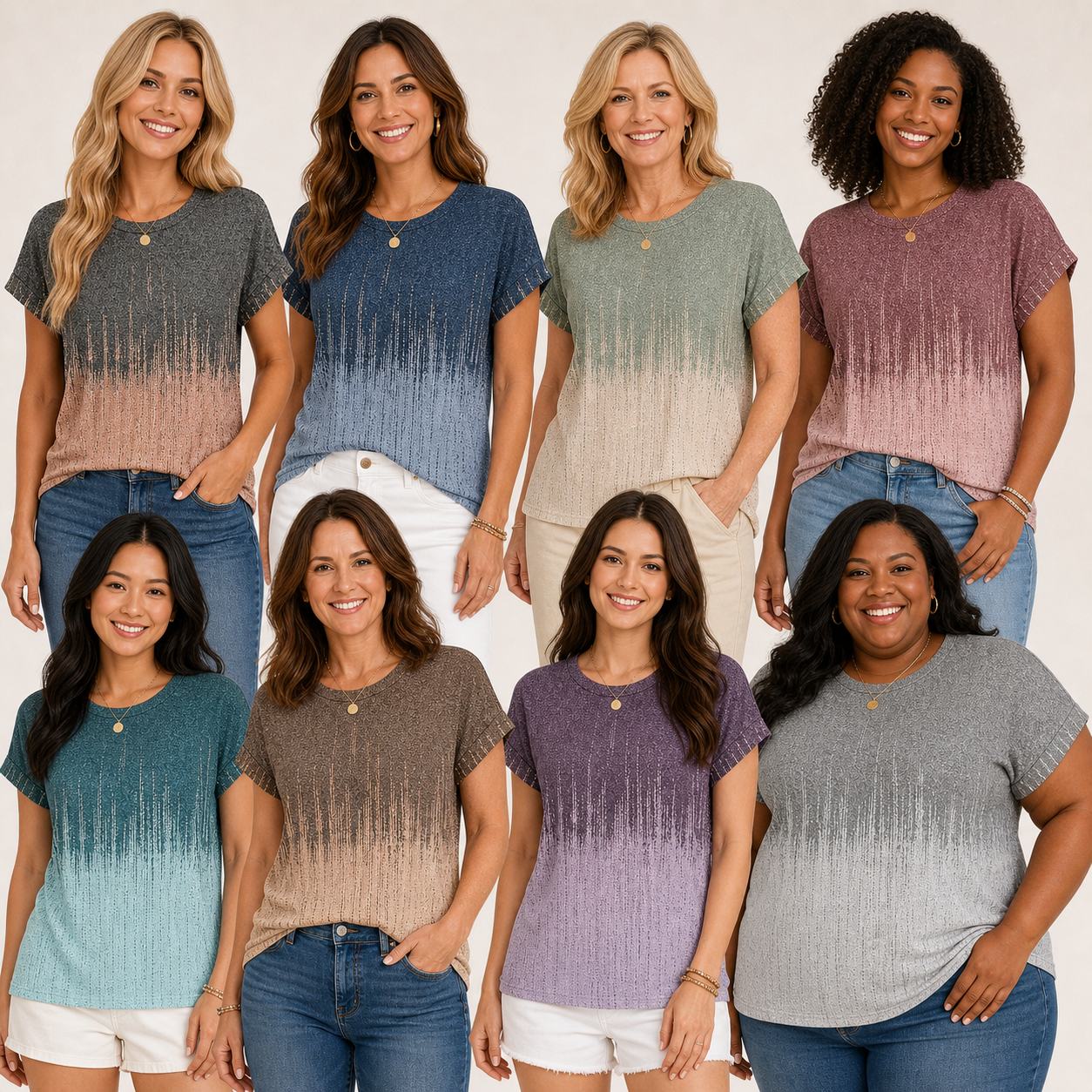 8 women wearing the same ombre print tee in different colors