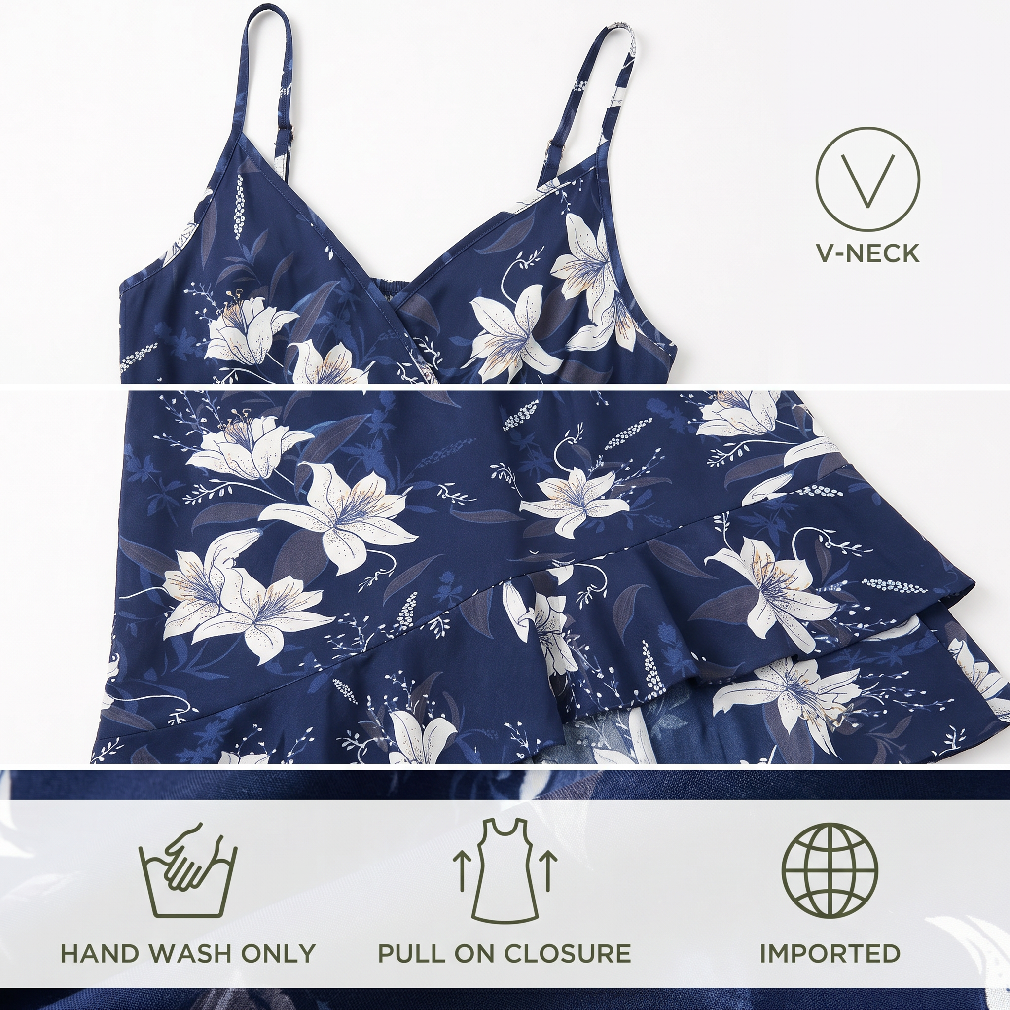 V-neck pull-on floral summer dress construction detail