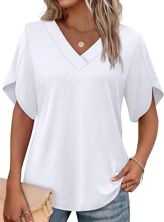 Women's V‐Neck Petal Short Sleeve Summer Top