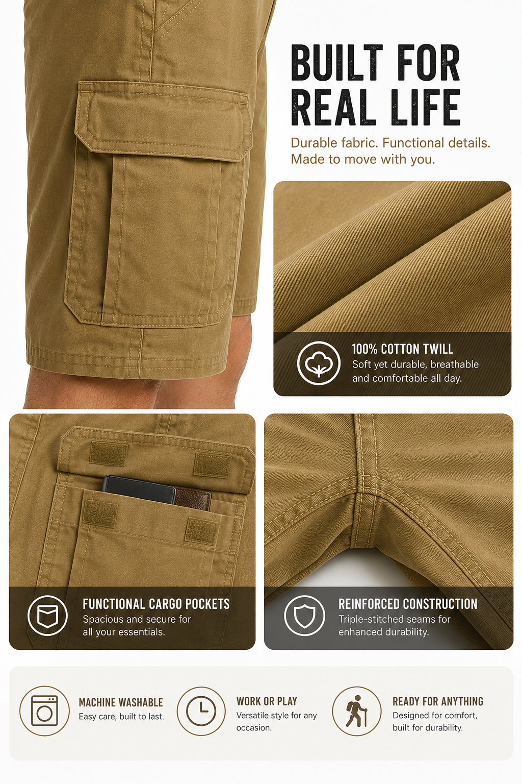 Cargo pocket and reinforced stitching detail
