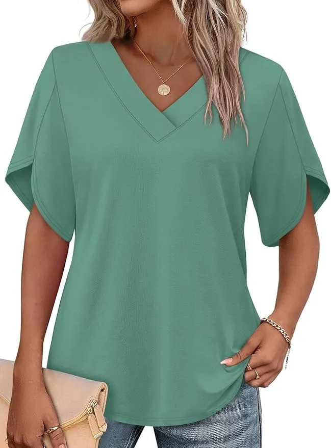 Women's V‐Neck Petal Short Sleeve Summer Top