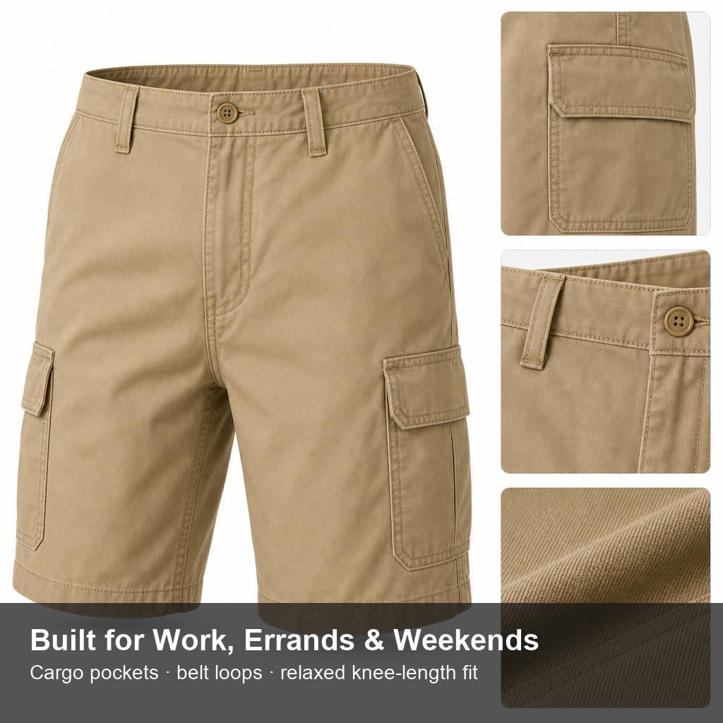Cargo shorts fabric pockets and construction details