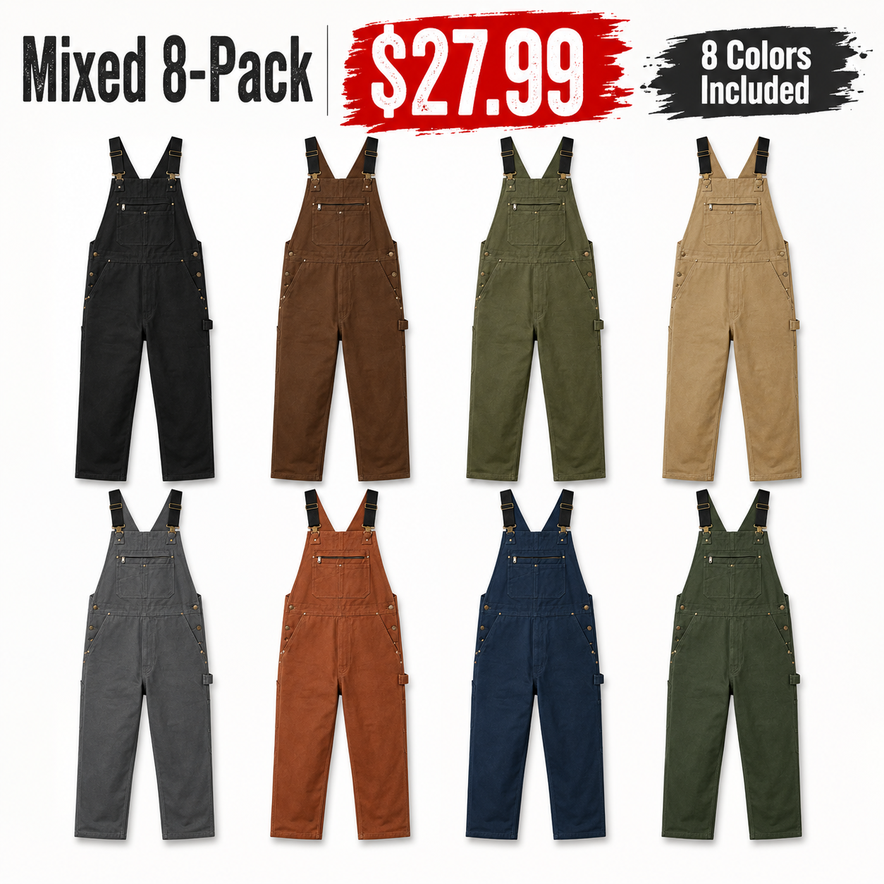 Mixed 8-Pack men’s utility bib overalls bundle
