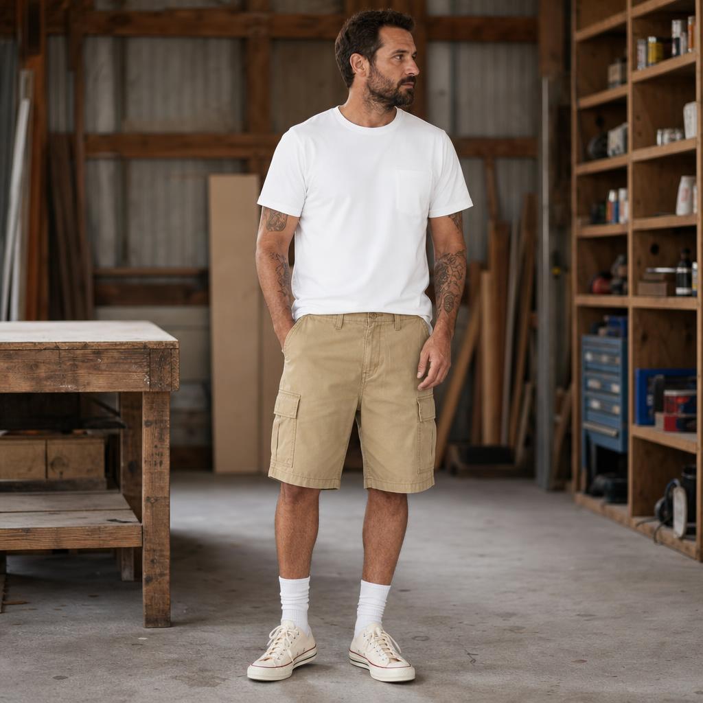 Men's relaxed fit cargo shorts side view
