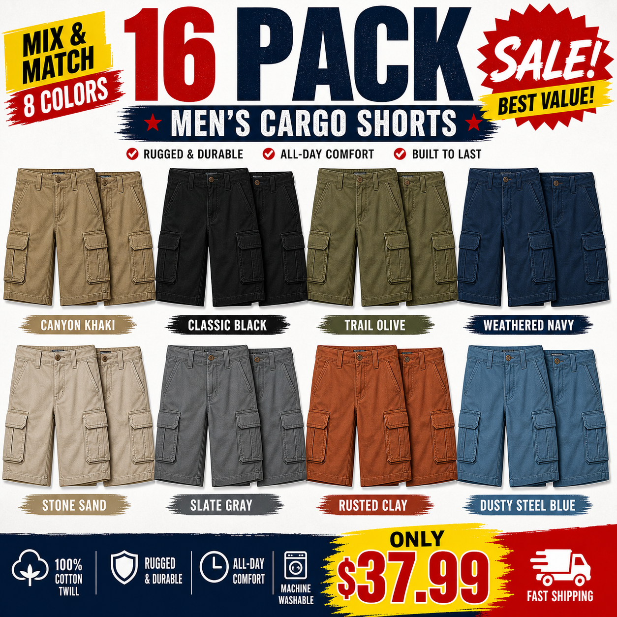 Mixed 16-Pack men's cargo shorts bundle image