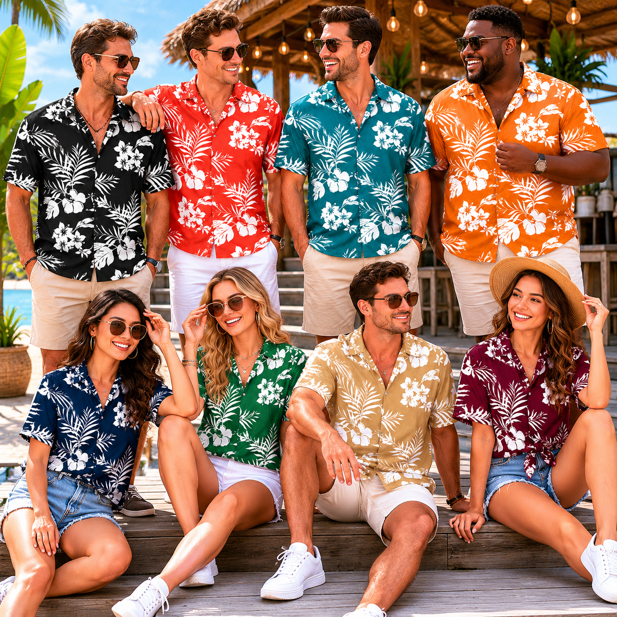 Eight adults wearing mixed-color Hawaiian floral button-down shirts