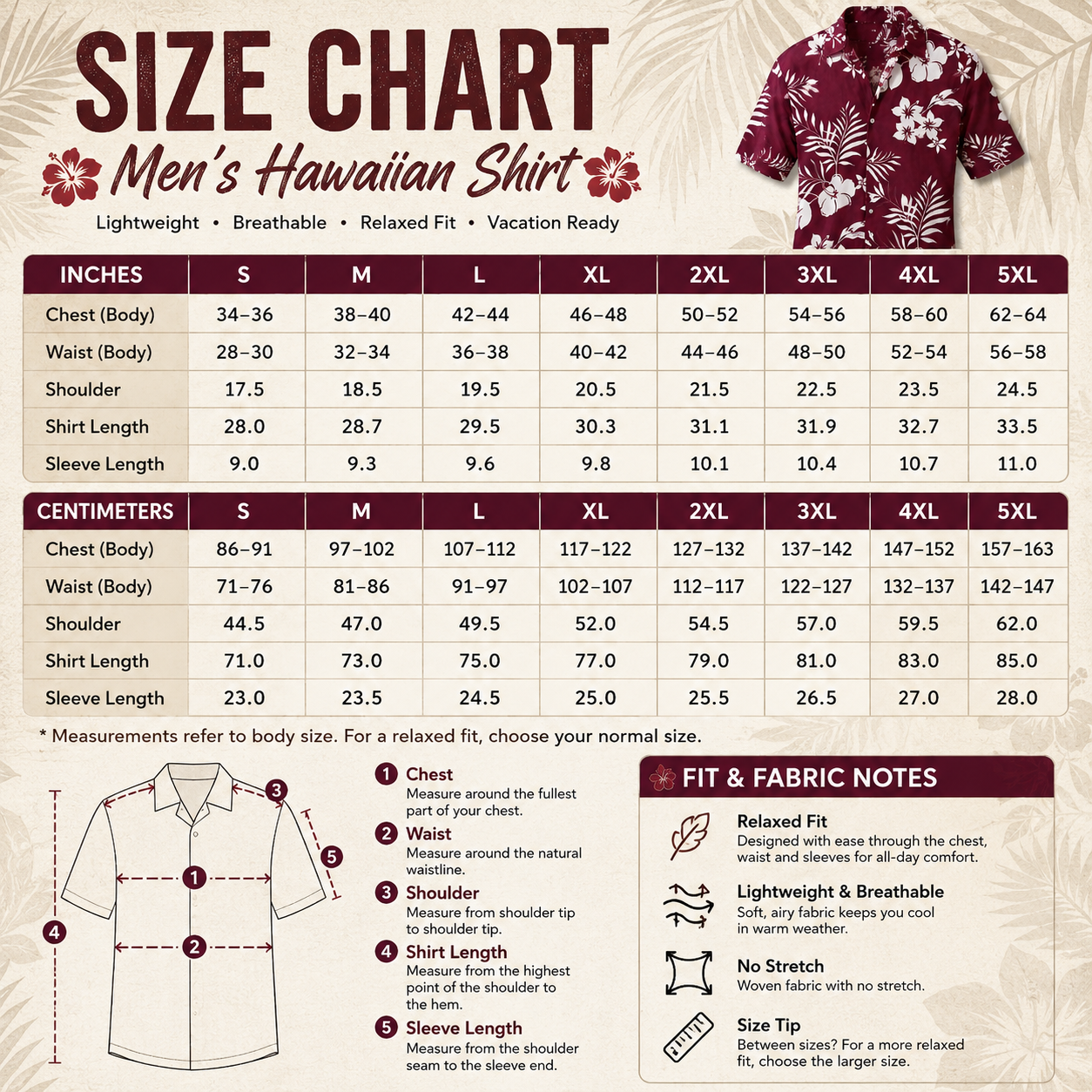 Men's Hawaiian shirt size chart in inches and centimeters