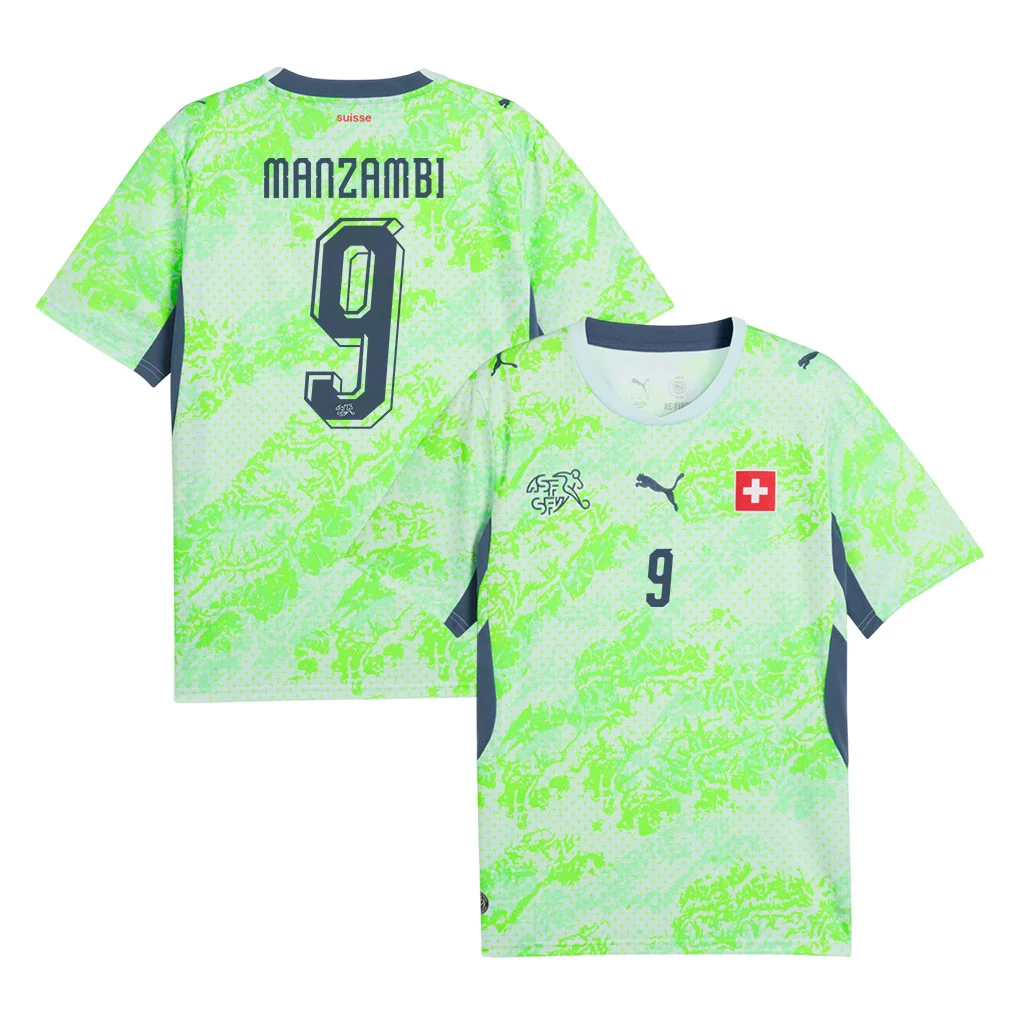 Switzerland Away Soccer Jersey 2026 Green | Manzambi 9 Custom - UniSoccer Store