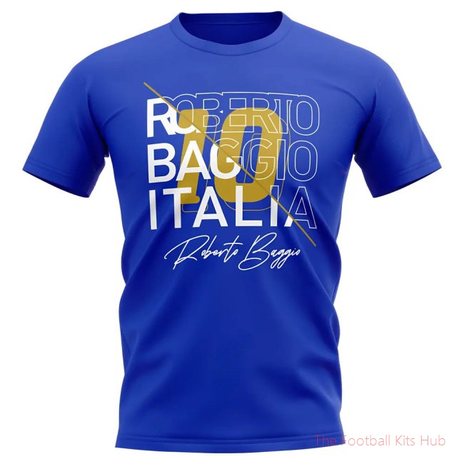 Roberto Baggio Italy Graphic Signature T-Shirt (Blue)-unisoccer store