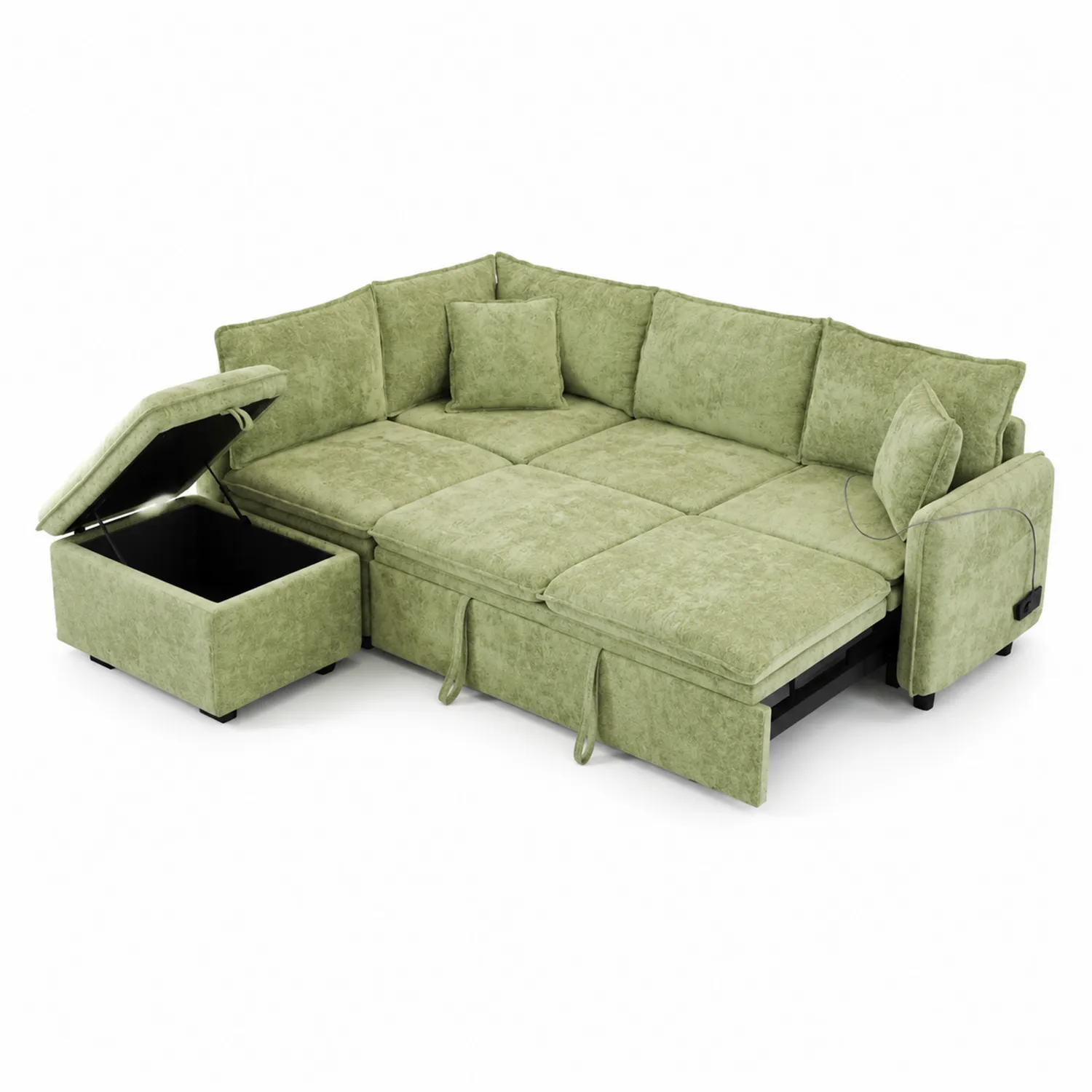 Modułowa sofa z zielonego weluru z funkcją spania i schowkiem