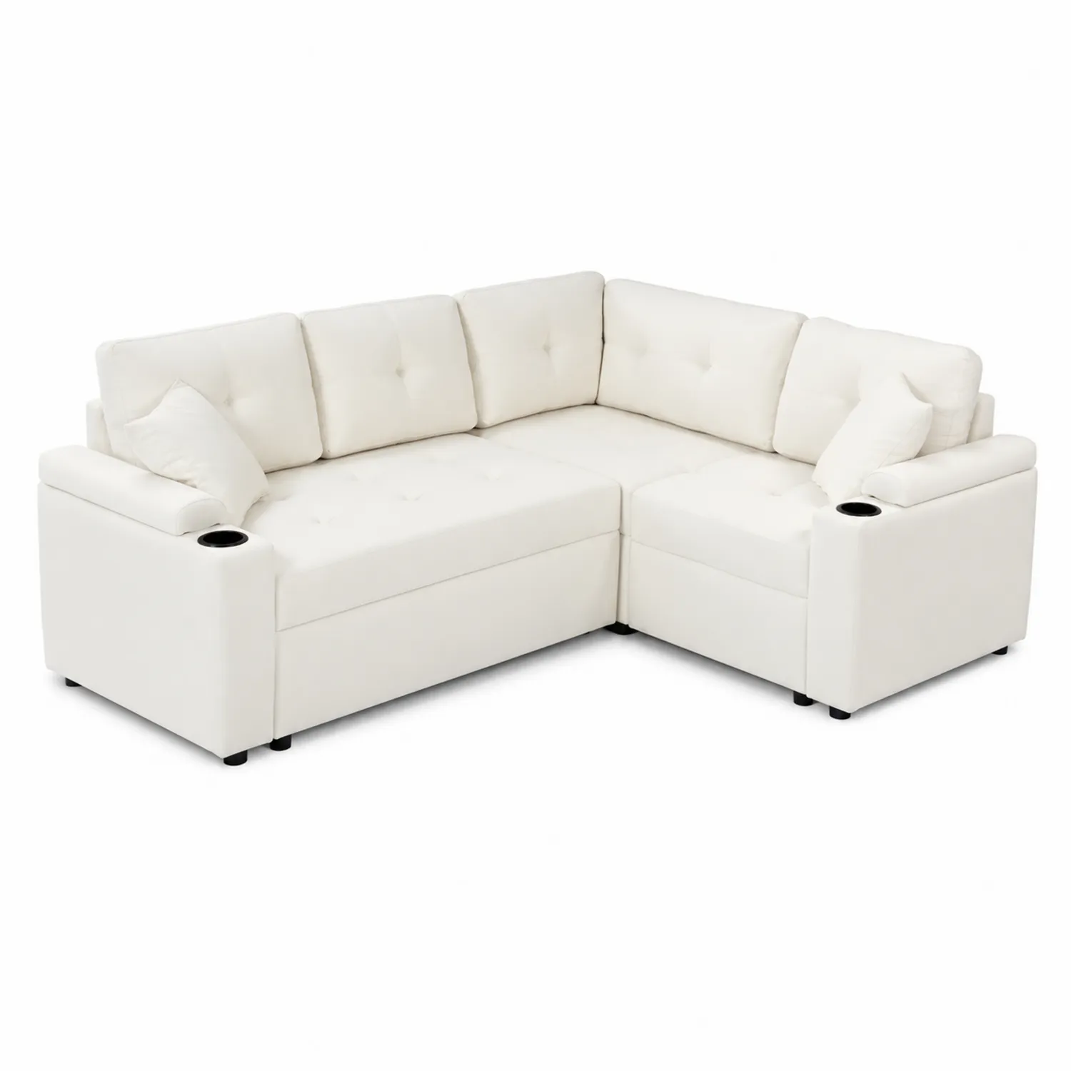 Narożna sofa modułowa z tkaniny kremowej z uchwytem na kubki
