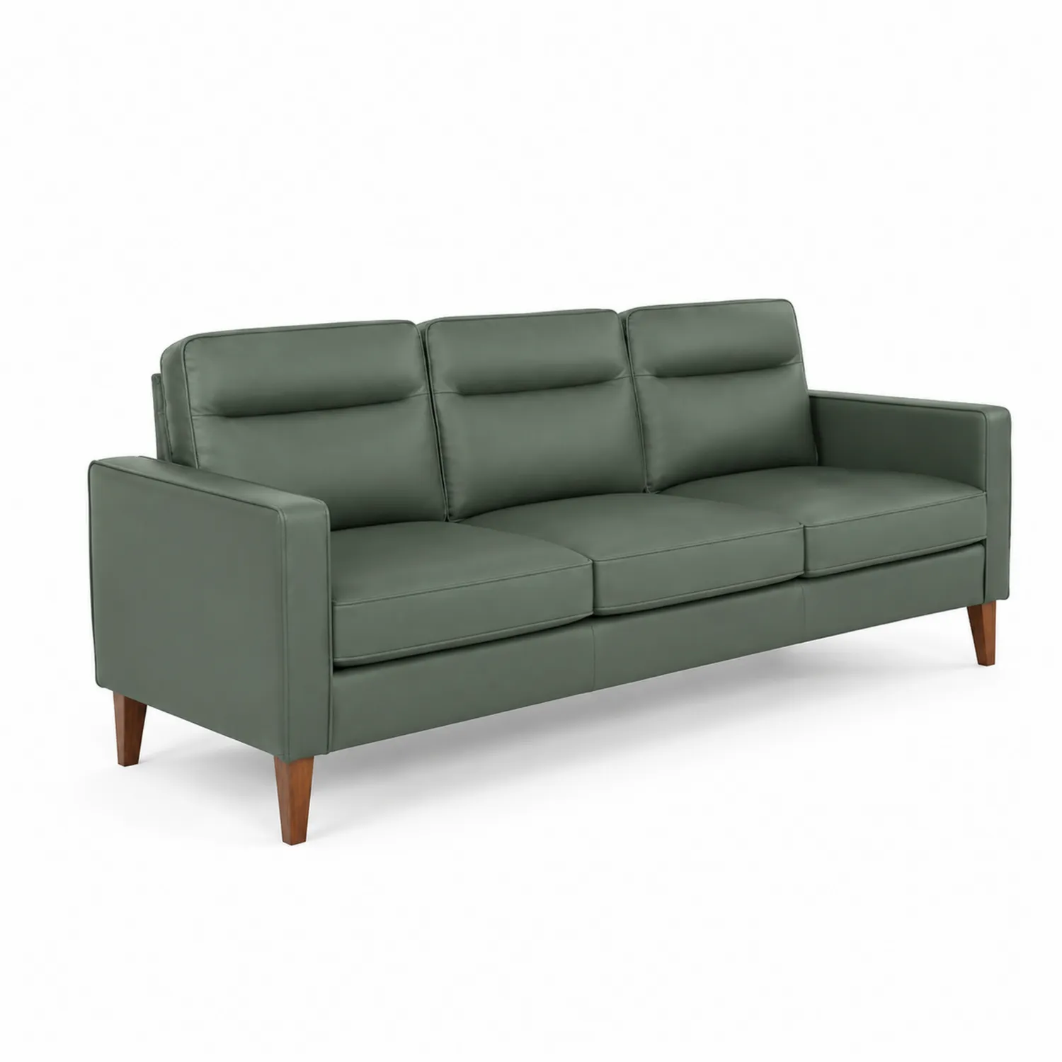 Sofa trzyosobowa z zielonej skóry ekologicznej z drewnem bukowym