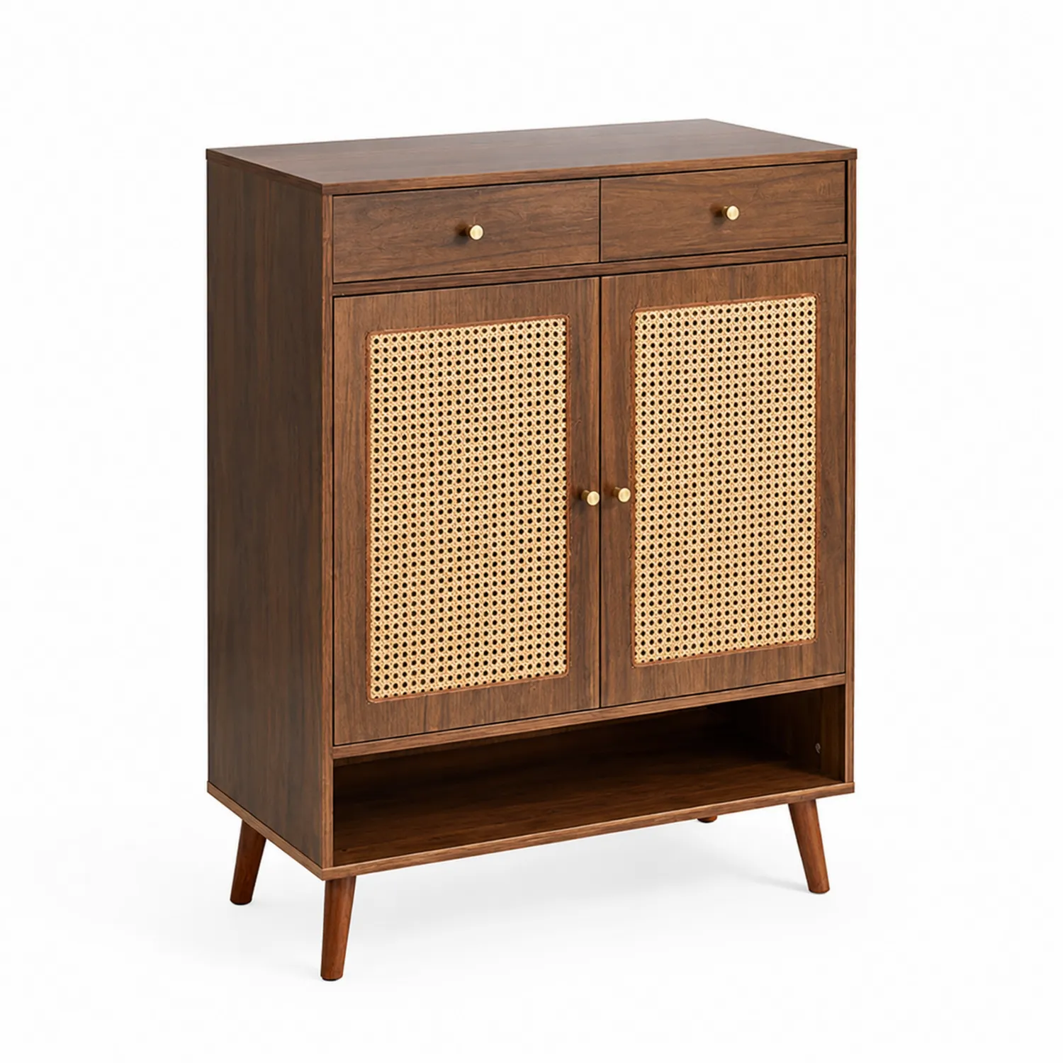 Drewniana szafka z rattanowymi drzwiami i szufladami 90x35x120 cm