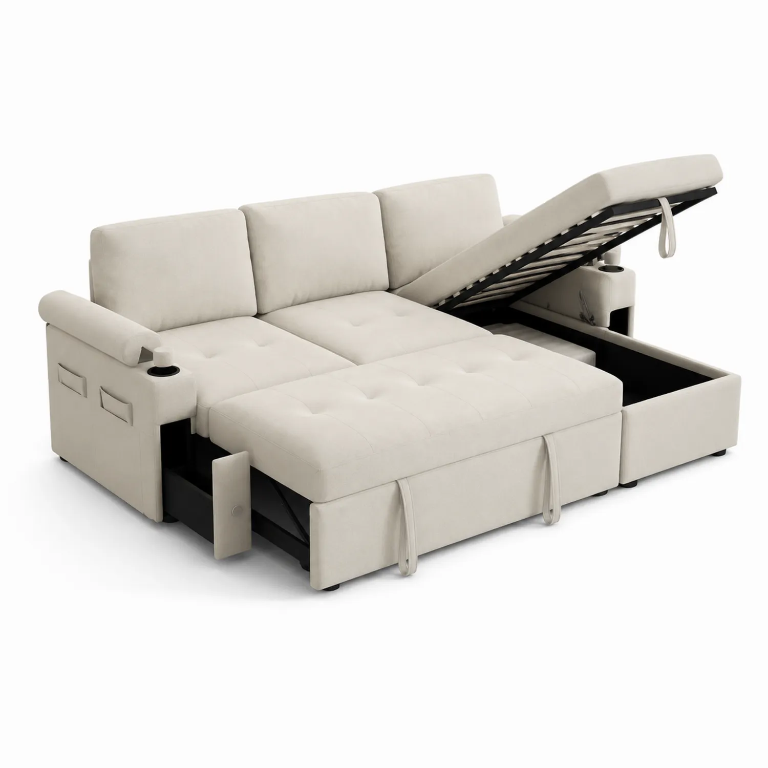 Beżowa rozkładana sofa z funkcją przechowywania