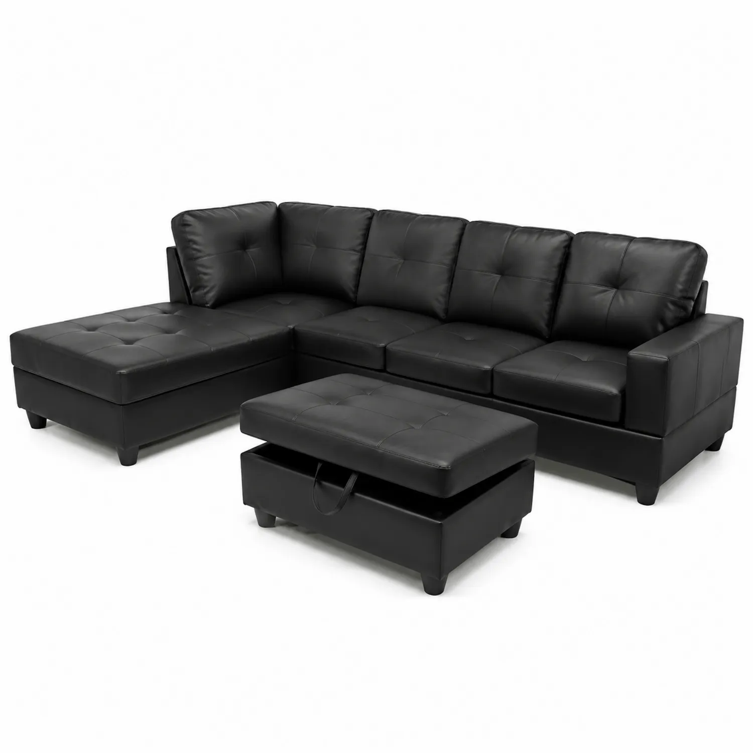 Narożna sofa ze skóry ekologicznej czarna z pufą