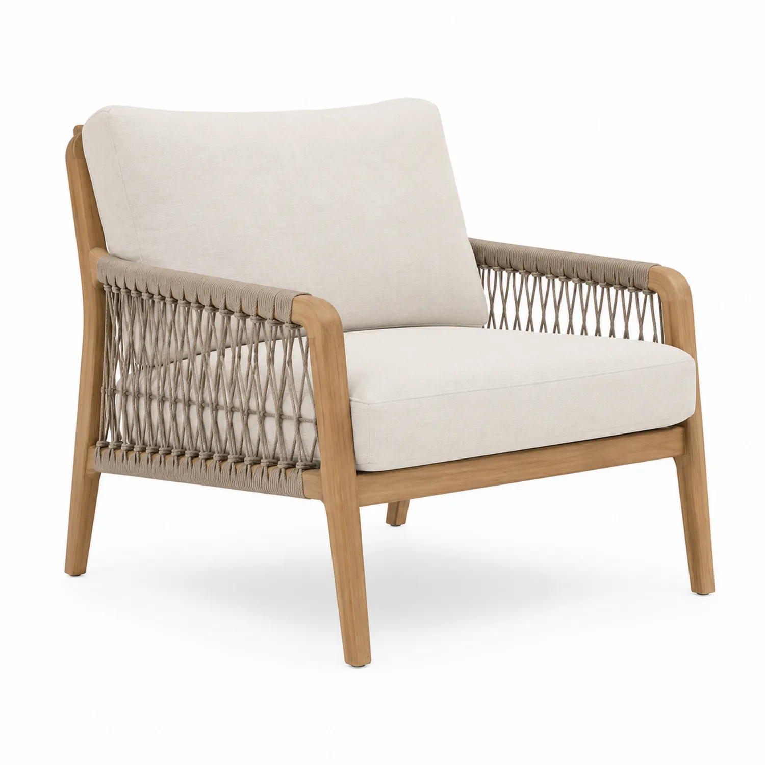 Outdoor-Clubstuhl aus Teakholz mit Seilgeflecht und Kissen Beige