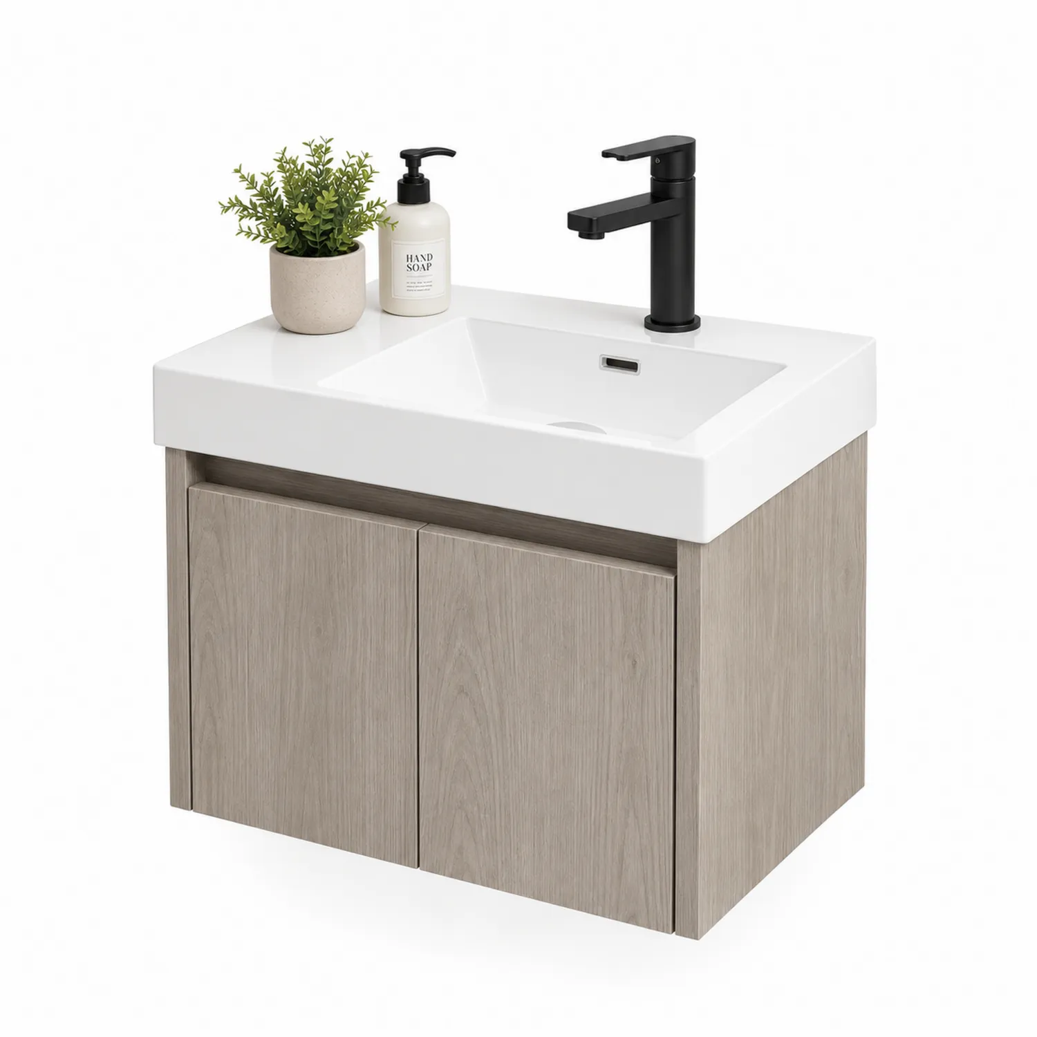 Waschtischschrank aus Holz mit Keramikbecken 60cm Weiß/Beige