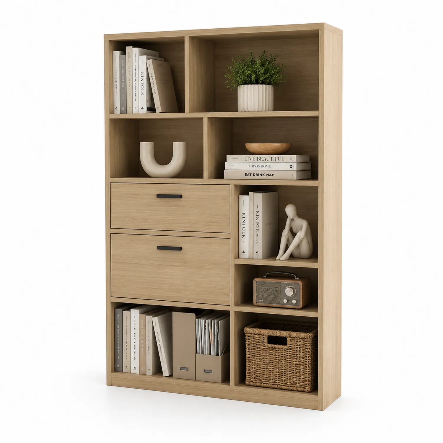 Bücherregal mit Schubladen Holz Eiche 90x30x150cm