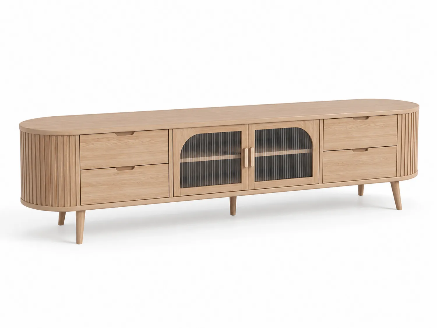 MDF TV-Schrank mit Eichenfurnier und geriffelten Glastüren 180 cm