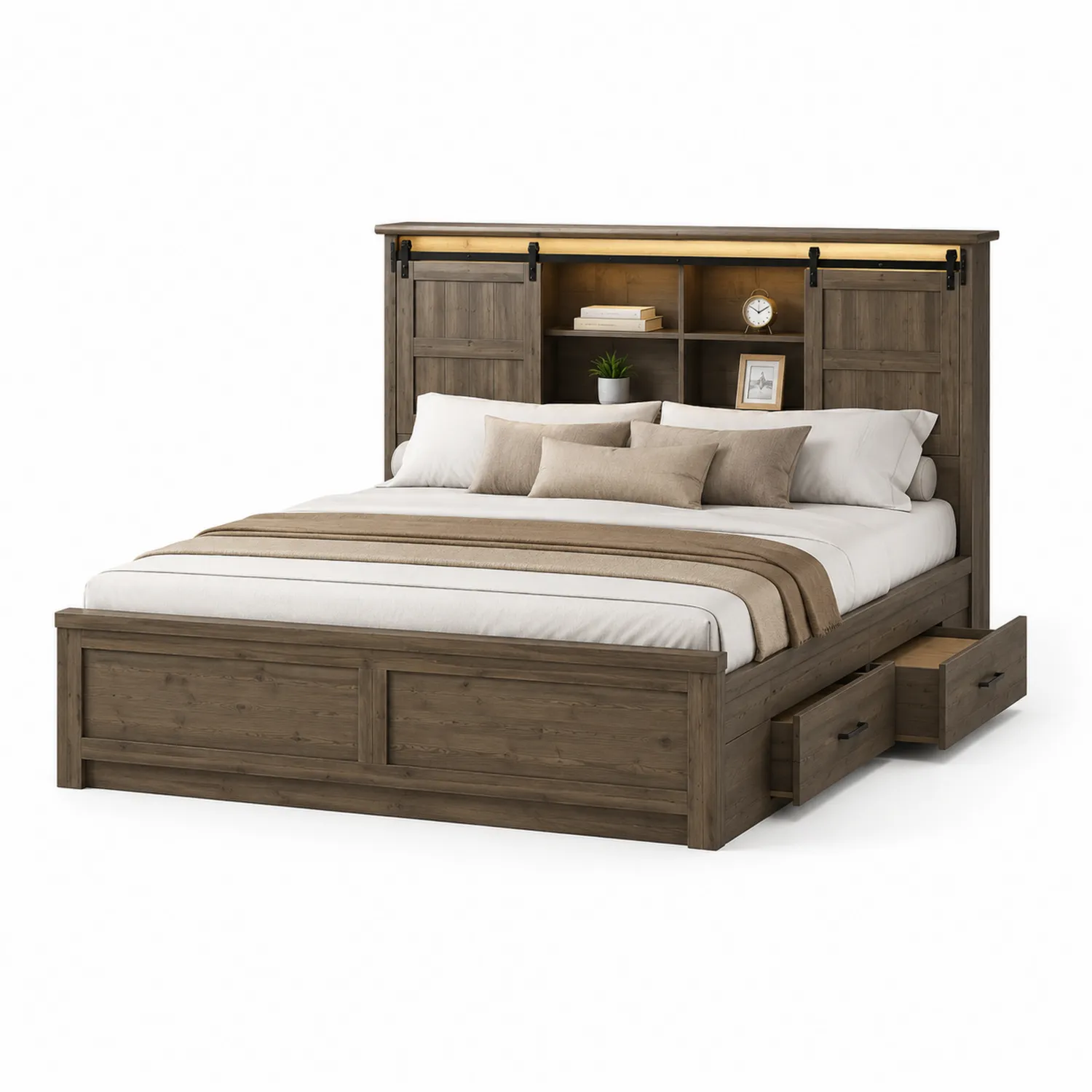 Kiefernholz-Doppelbett mit Stauraum und Schiebetürregal 200x160 cm