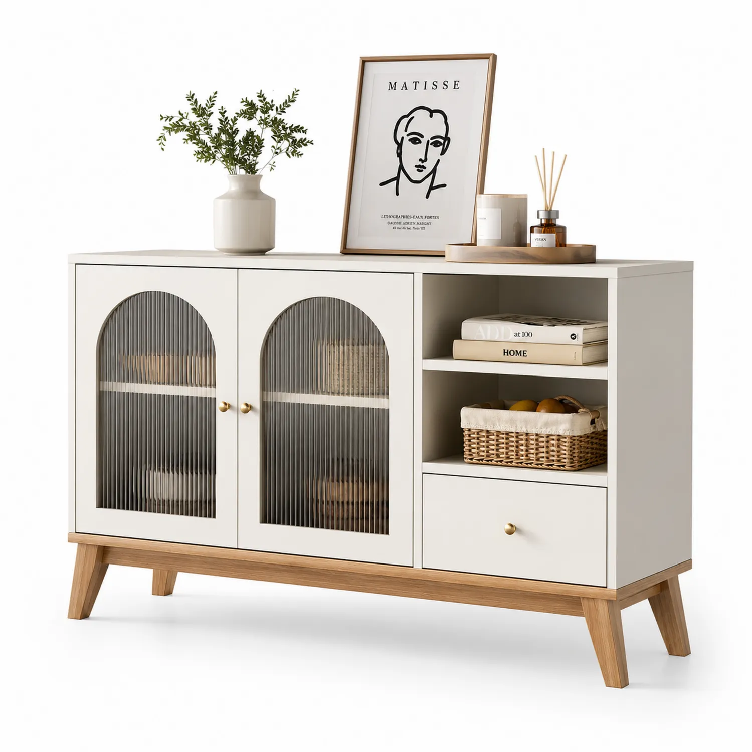 Sideboard aus MDF mit geriffeltem Glas und Schublade Weiß Holz 120x40x80 cm
