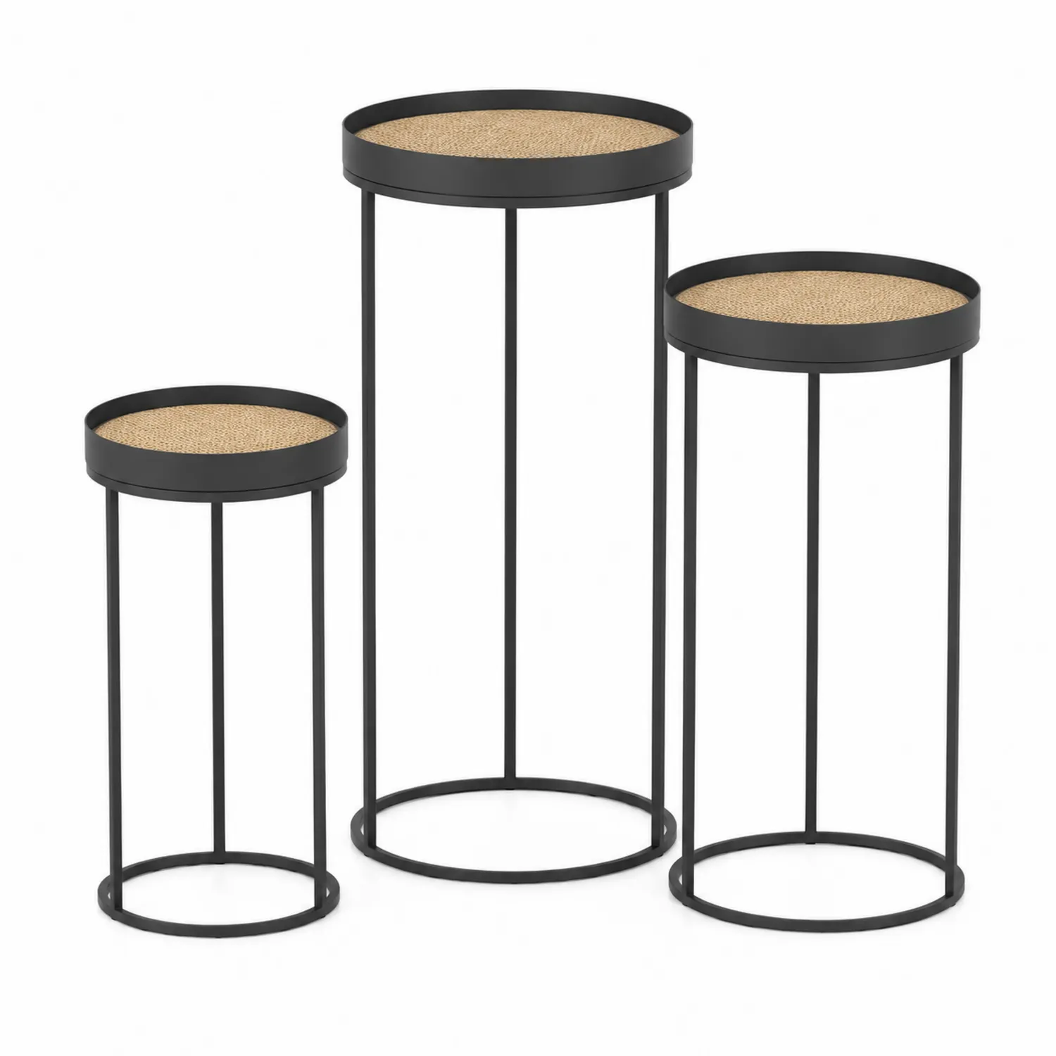 3er-Set Runder Pflanzentisch Schwarz Metall Rattan