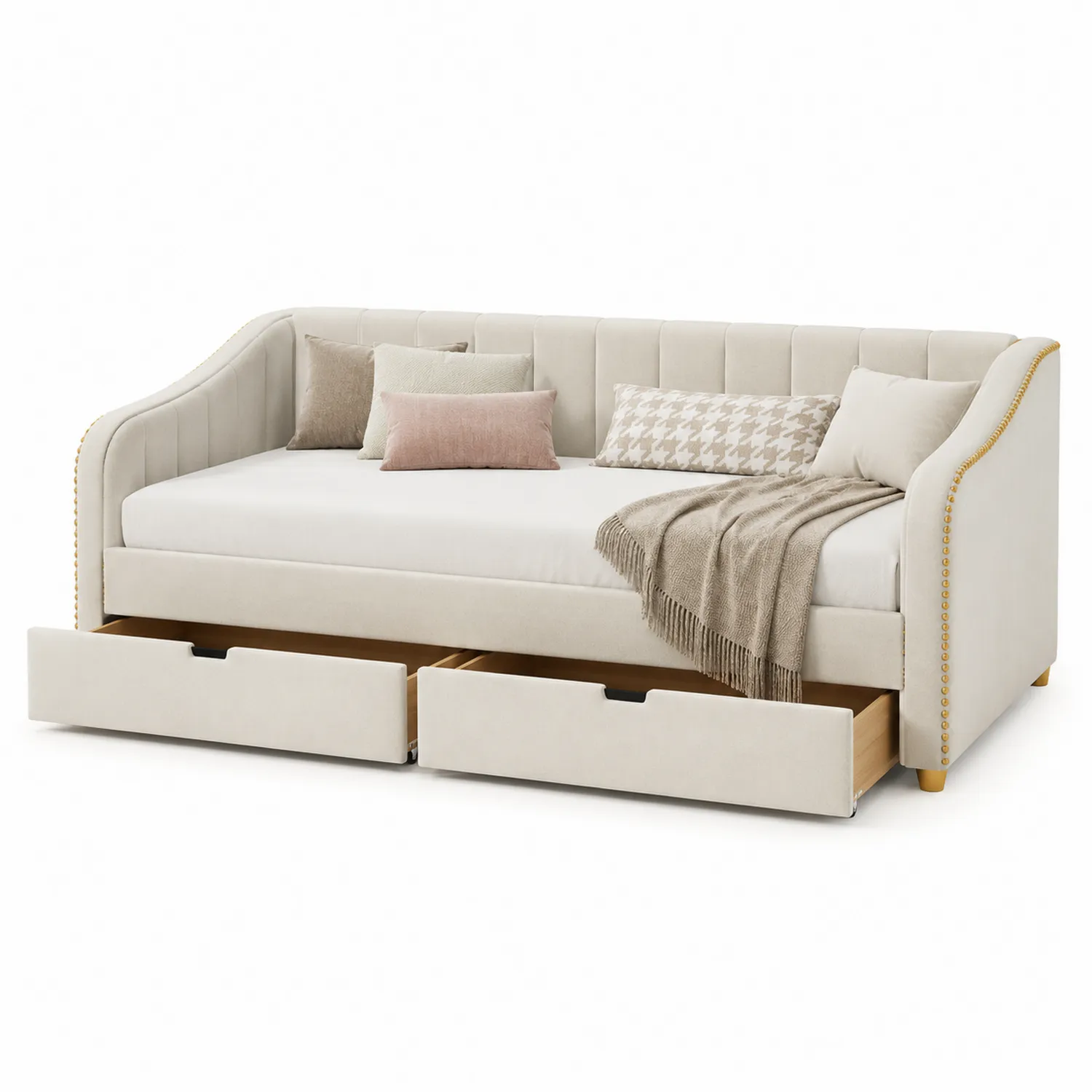 Tagesbett mit Schubladen Samt Beige 200x90 cm