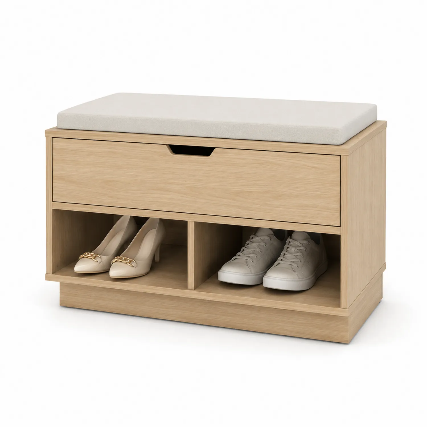 Schuhbank aus Holz mit Stauraum und beigem Stoffpolster