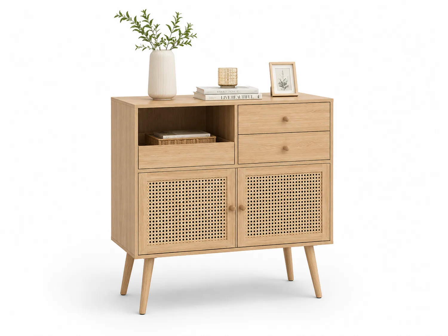 Holzkommode mit Rattan-Türen Hellbraun 85x35x105cm