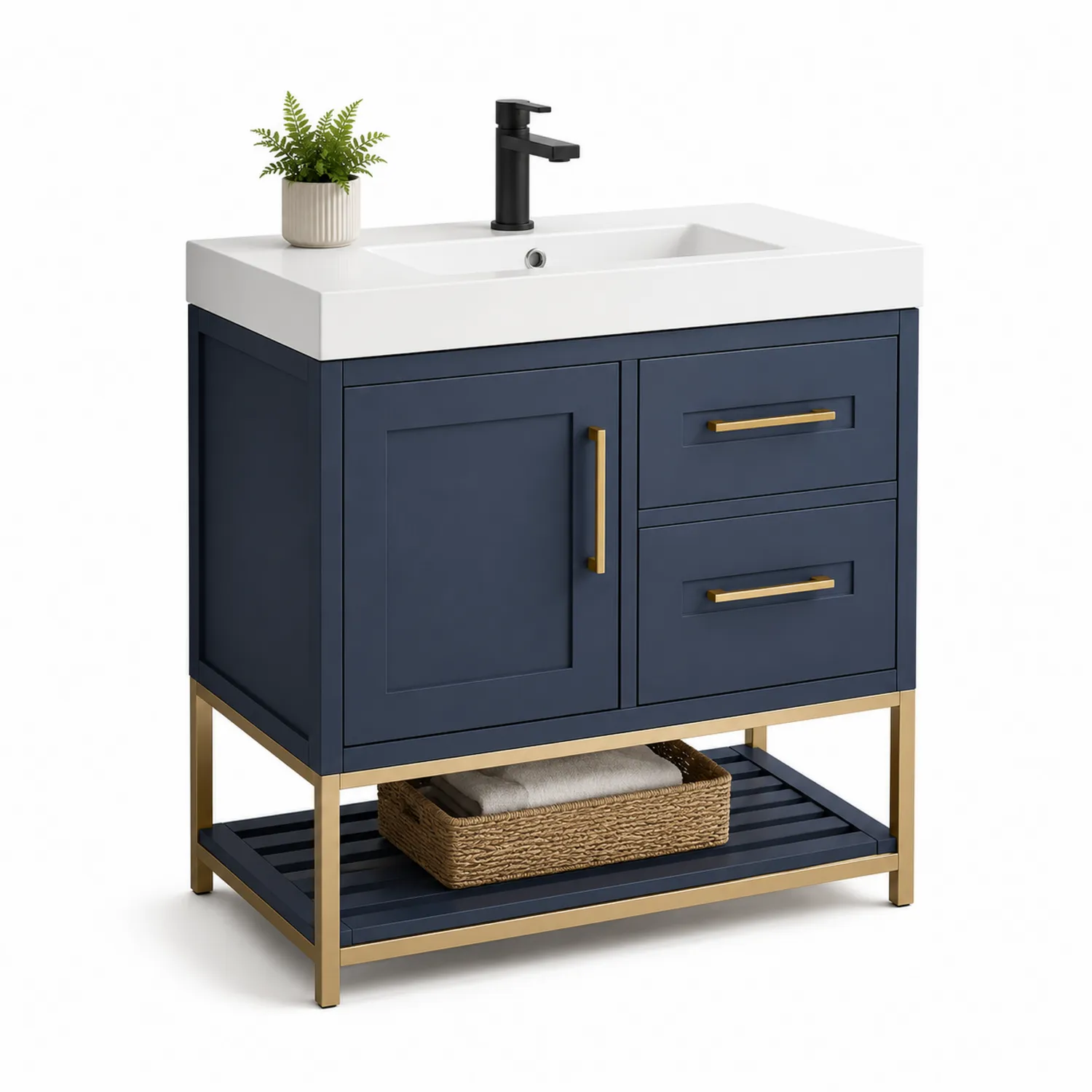 Waschtischschrank aus MDF mit Keramikbecken und Metallgestell