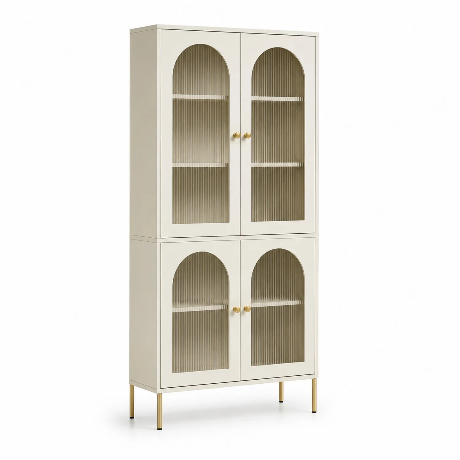 Hochschrank mit Glastüren und Metallgestell, Cremefarben, 180x80x35 cm