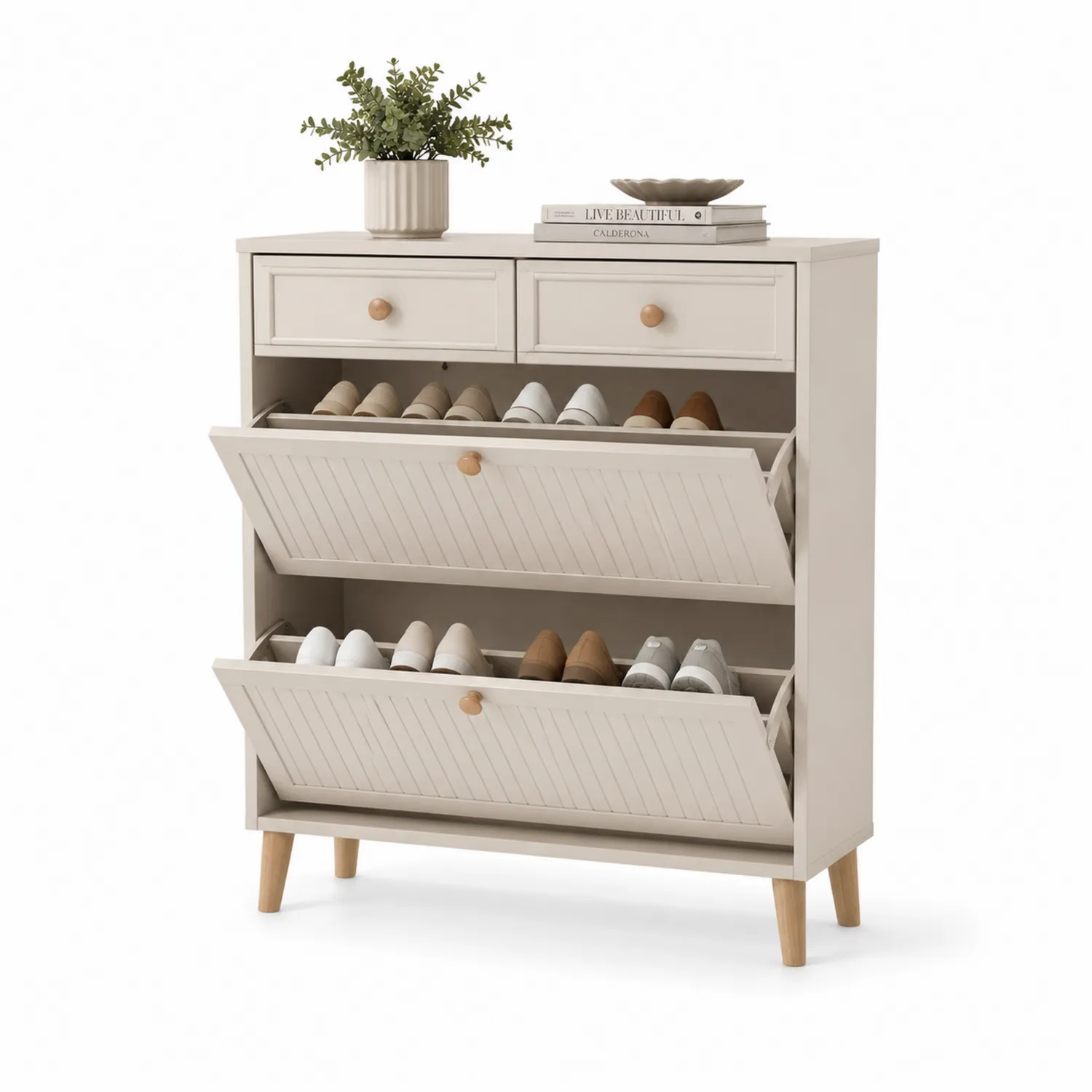Beiger Holzschuhschrank mit 3 Klappfächern und 2 Schubladen