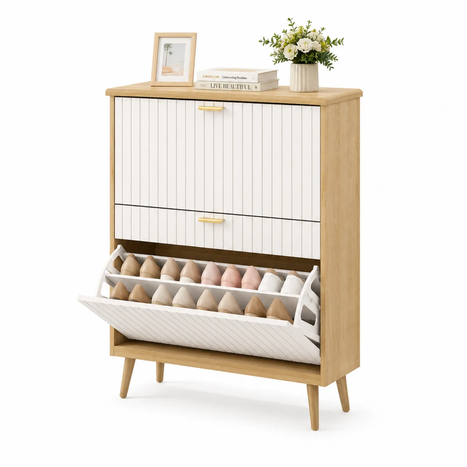 Schuhschrank aus MDF Weiß und Eichenfurnier 80x30x120cm